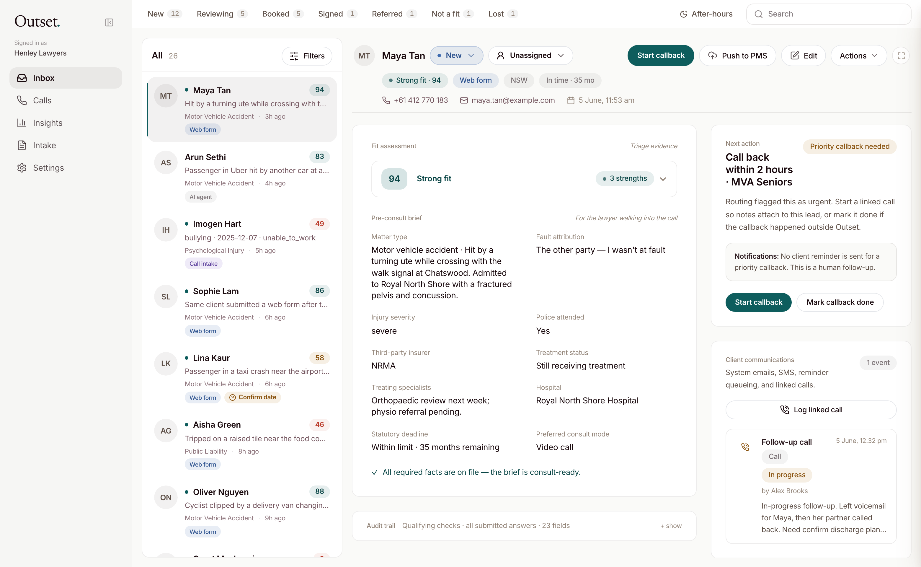 The Outset inbox — every enquiry ranked by fit, with the lawyer-ready matter brief open alongside